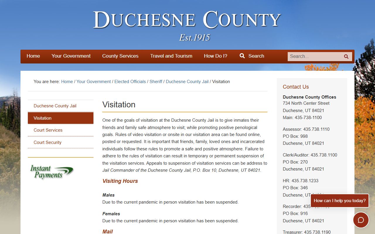 Duchesne County jail visitation and inmate records rules